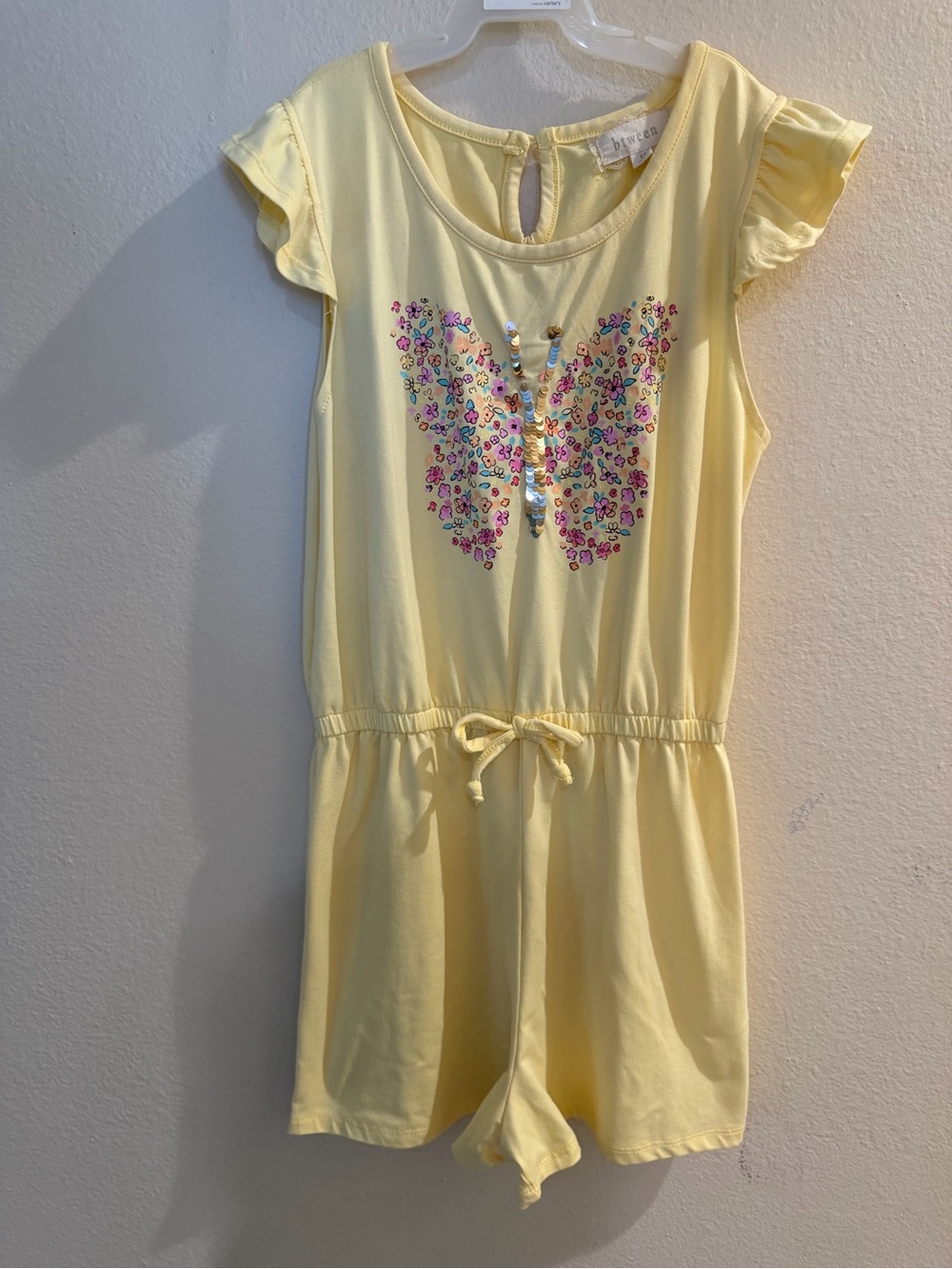 Btween Girls Soft Lightweight Yellow Butterfly Sequin Romper - Kids Size 12